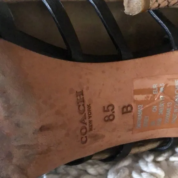 🛍️ COACH Black Leather Snakeskin Threaded Open Toe Heeled Sandals
