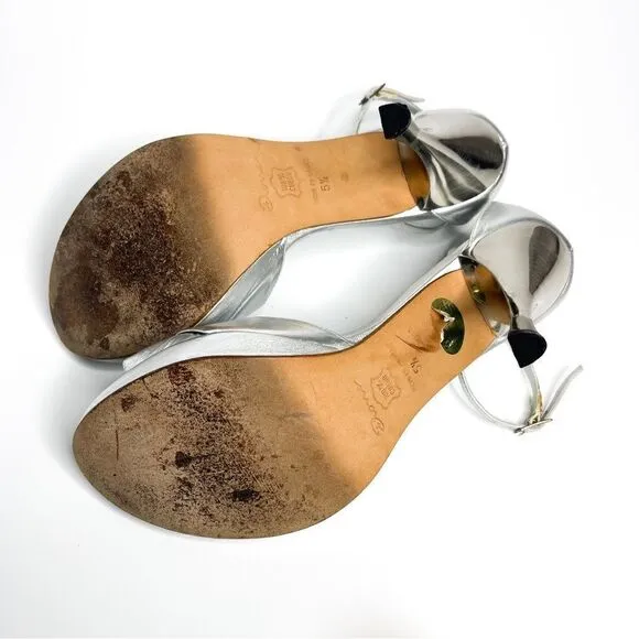 🍋 Dione • Women’s Open-Toe Silver Leather Heel Sandals w/Snake Detail Size 8.5