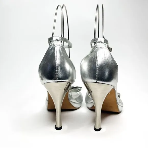 🍋 Dione • Women’s Open-Toe Silver Leather Heel Sandals w/Snake Detail Size 8.5