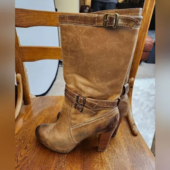 - Frye Miranda Slouch distressed leather mid-calf round toe boots