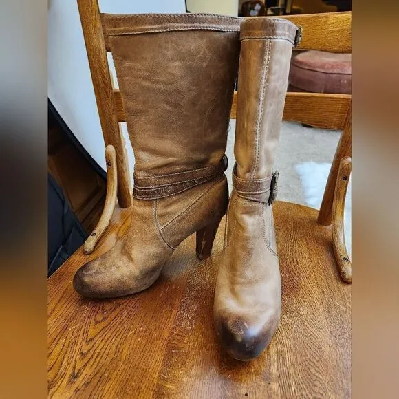 - Frye Miranda Slouch distressed leather mid-calf round toe boots