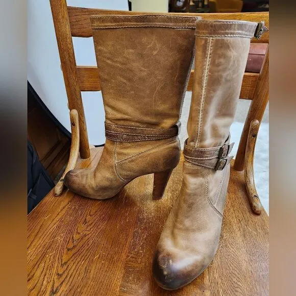- Frye Miranda Slouch distressed leather mid-calf round toe boots