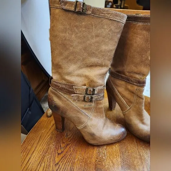 - Frye Miranda Slouch distressed leather mid-calf round toe boots