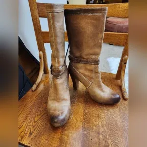 - Frye Miranda Slouch distressed leather mid-calf round toe boots