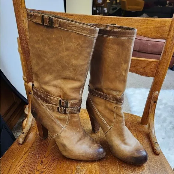 - Frye Miranda Slouch distressed leather mid-calf round toe boots
