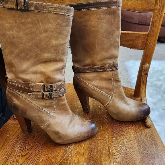 - Frye Miranda Slouch distressed leather mid-calf round toe boots