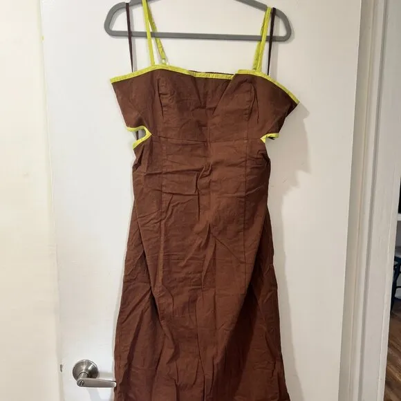 🏷 *NWT* ✨ Maeve by Anthropologie Brown &amp; Chartreuse Midi Dress – Chic &amp; Unique!
