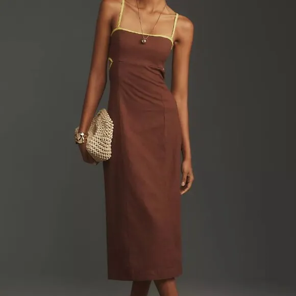 🏷 *NWT* ✨ Maeve by Anthropologie Brown &amp; Chartreuse Midi Dress – Chic &amp; Unique!