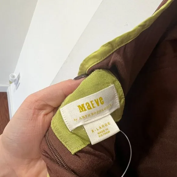🏷 *NWT* ✨ Maeve by Anthropologie Brown &amp; Chartreuse Midi Dress – Chic &amp; Unique!