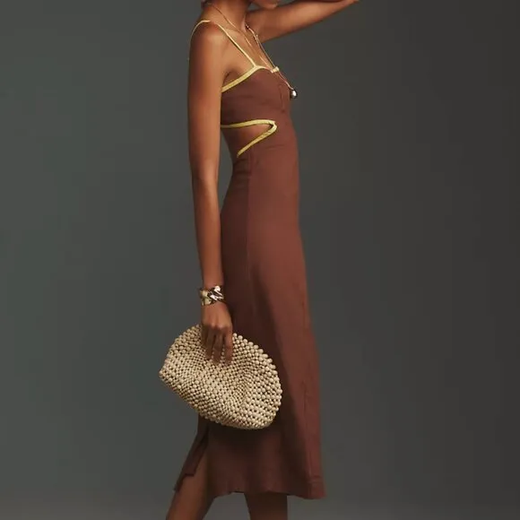 🏷 *NWT* ✨ Maeve by Anthropologie Brown &amp; Chartreuse Midi Dress – Chic &amp; Unique!