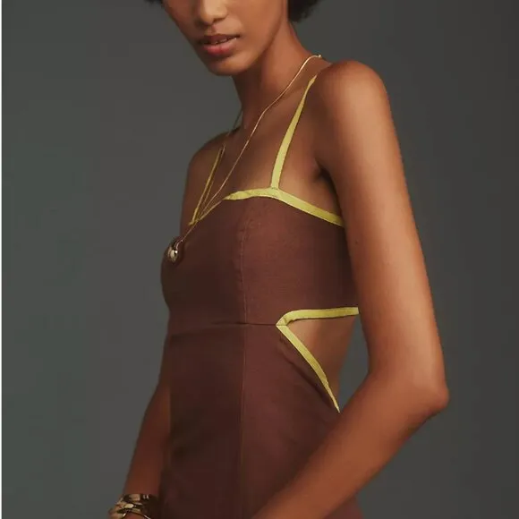 🏷 *NWT* ✨ Maeve by Anthropologie Brown &amp; Chartreuse Midi Dress – Chic &amp; Unique!