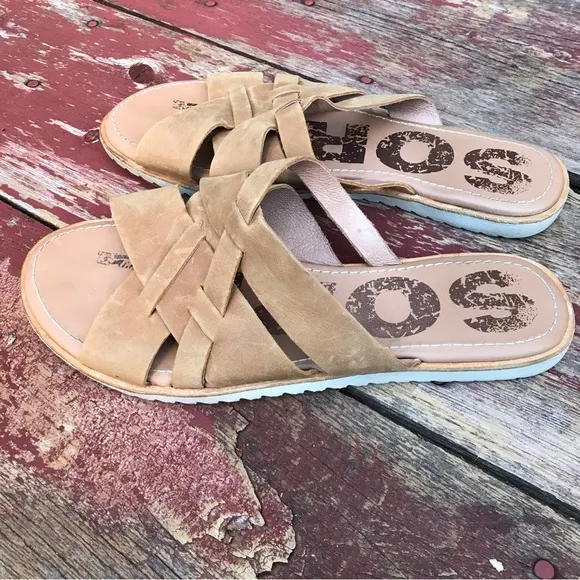 🍄 Sorel Ella Tan Leather Slide Sandals