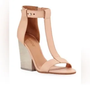 • Vince • Nolan T Strap Wedge Leather Sandals Open Toed Matte Tan / Cream 8.5
