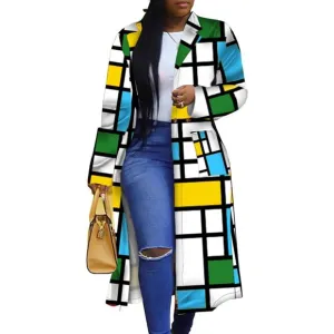 💫 Women Blue Long Trench Coat Geo Turn Down Collar Outerwear Cardigan Jacket