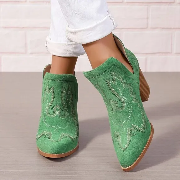 🆕 Women Green Cowgirl Boots Ankle Western Pointed Toe Cutout Chunky Short Heels
