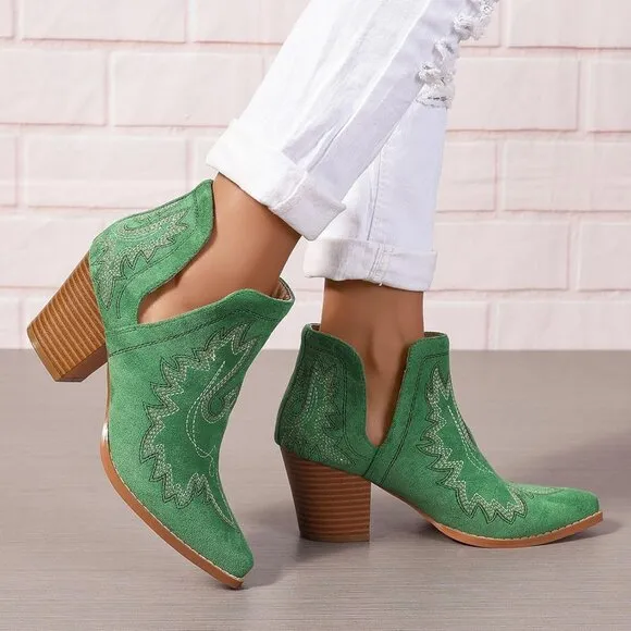 🆕 Women Green Cowgirl Boots Ankle Western Pointed Toe Cutout Chunky Short Heels