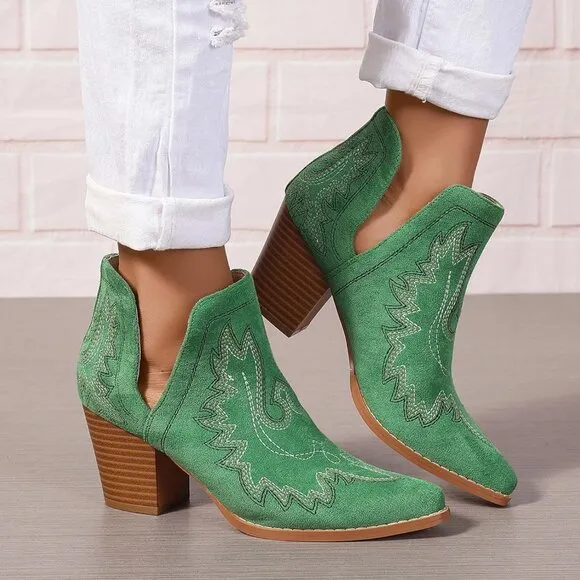 🆕 Women Green Cowgirl Boots Ankle Western Pointed Toe Cutout Chunky Short Heels