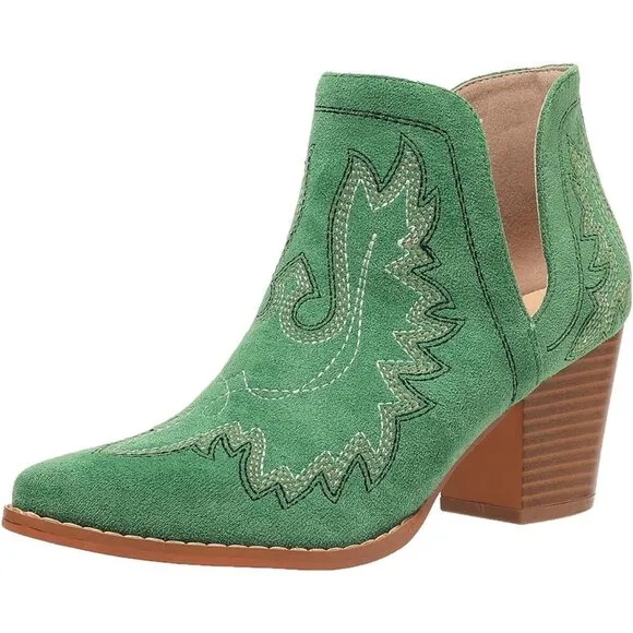 🆕 Women Green Cowgirl Boots Ankle Western Pointed Toe Cutout Chunky Short Heels
