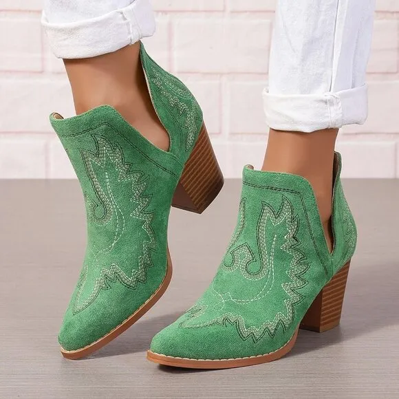 🆕 Women Green Cowgirl Boots Ankle Western Pointed Toe Cutout Chunky Short Heels
