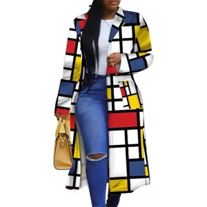 💫 Women White Long Trench Coat Geo Turn Down Collar Outerwear Cardigan Jacket