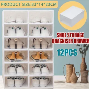 12PCS Shoe Box Storage Case Clear Boxes Foldable Stackable Transparent Organizer
