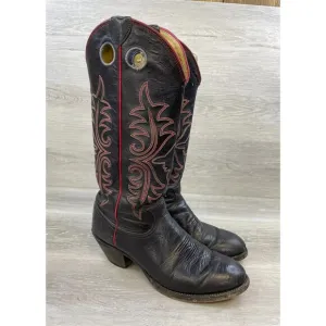 2202 Justin Men 9.5D Black Leather Mid-Calf Embroidery Cowboy Western Boot
