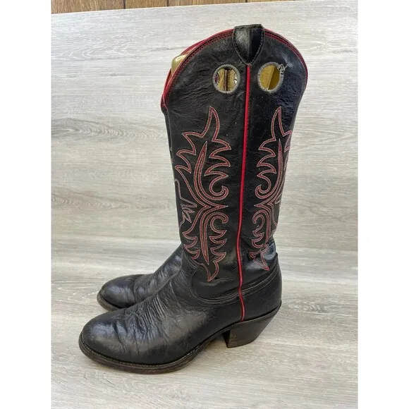 2202 Justin Men 9.5D Black Leather Mid-Calf Embroidery Cowboy Western Boot