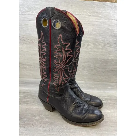 2202 Justin Men 9.5D Black Leather Mid-Calf Embroidery Cowboy Western Boot