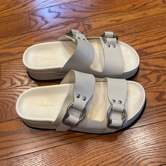 3.1 Phillip Lim Freida White Leather Platform Silver Buckle Sandals Size EU 40