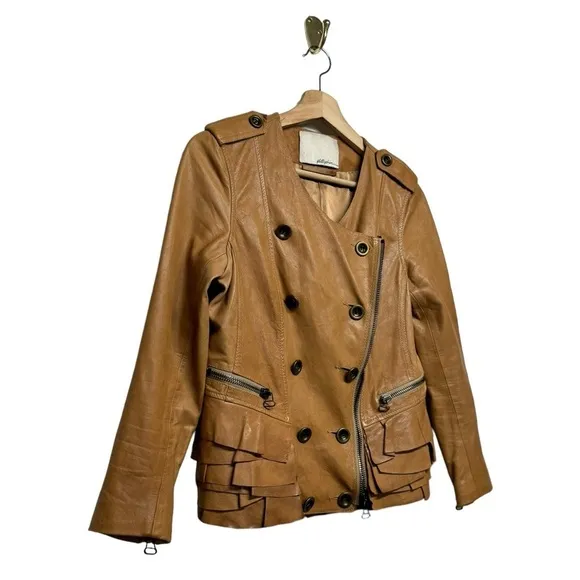 3.1 PHILLIP LIM Leather Moto Biker Double-breast Tiered Ruffle Jacket Brown S