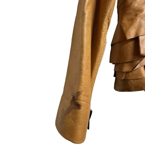 3.1 PHILLIP LIM Leather Moto Biker Double-breast Tiered Ruffle Jacket Brown S