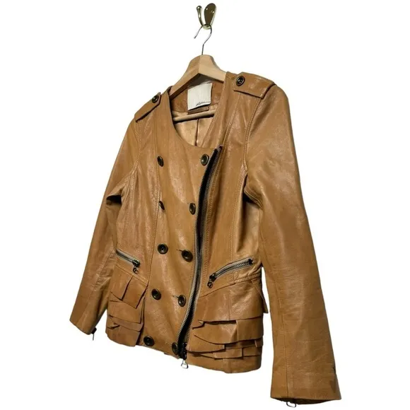 3.1 PHILLIP LIM Leather Moto Biker Double-breast Tiered Ruffle Jacket Brown S