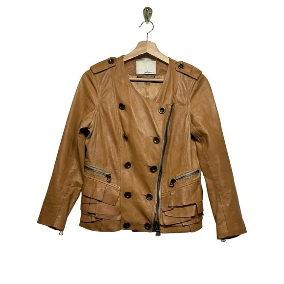 3.1 PHILLIP LIM Leather Moto Biker Double-breast Tiered Ruffle Jacket Brown S