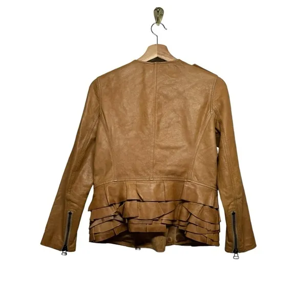 3.1 PHILLIP LIM Leather Moto Biker Double-breast Tiered Ruffle Jacket Brown S