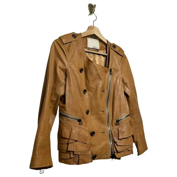 3.1 PHILLIP LIM Leather Moto Biker Double-breast Tiered Ruffle Jacket Brown S