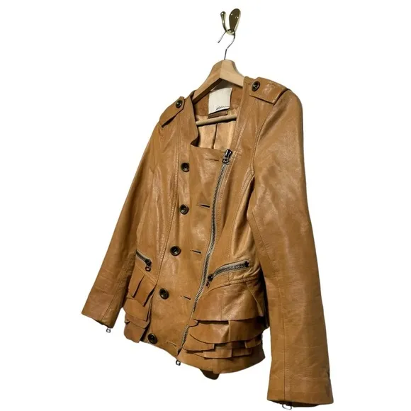 3.1 PHILLIP LIM Leather Moto Biker Double-breast Tiered Ruffle Jacket Brown S