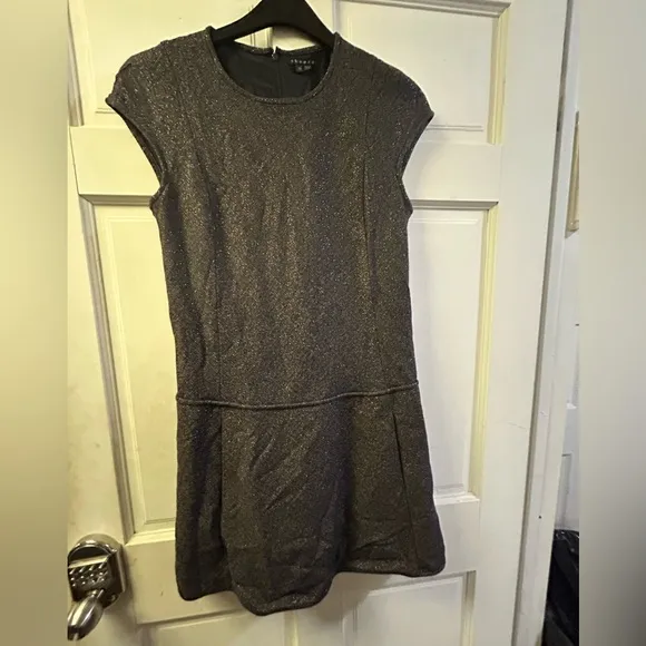 $385 THEORY Black Metallic Shift Dress FESTIVE SPARKLE Day Night LBD POCKETS! 10