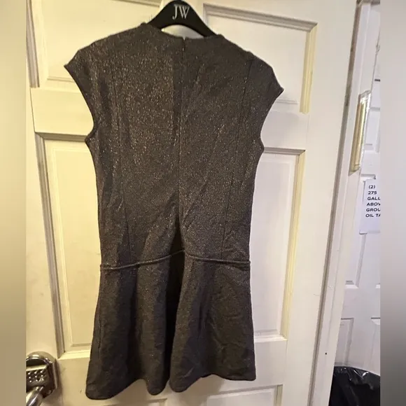 $385 THEORY Black Metallic Shift Dress FESTIVE SPARKLE Day Night LBD POCKETS! 10
