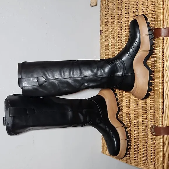 39/8.5 Black Chunky Sole Emo Faux Leather Knee High Back Zipper Boots