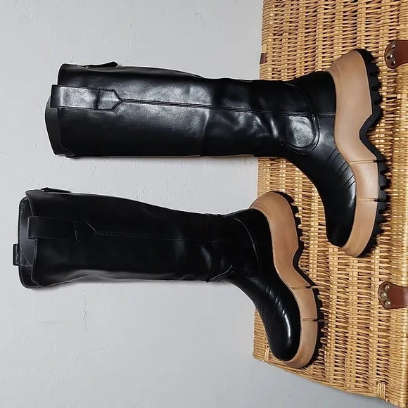 39/8.5 Black Chunky Sole Emo Faux Leather Knee High Back Zipper Boots