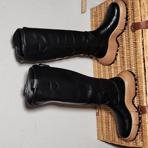 39/8.5 Black Chunky Sole Emo Faux Leather Knee High Back Zipper Boots