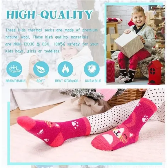 6 Pair, Kids Warm Hiking Thermal Winter Cozy Soft Thick Toddlers Crew Boot Socks