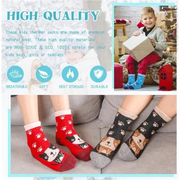 6 Pairs, Kids Wool Socks Warm Hiking Thermal Winter Cozy Soft Thick