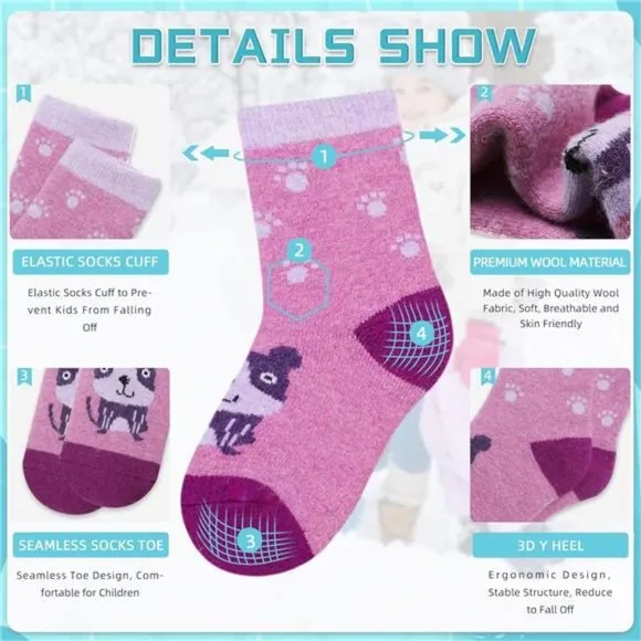 6 Pairs, Kids Wool Socks Warm Hiking Thermal Winter Cozy Soft Thick