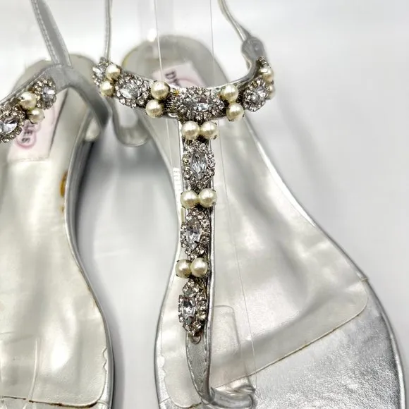 6.5W 6.5 WIDE Dyeables Silver Jeweled T-Strap Low Wedge Dress Sandals Shoes