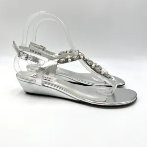 6.5W 6.5 WIDE Dyeables Silver Jeweled T-Strap Low Wedge Dress Sandals Shoes