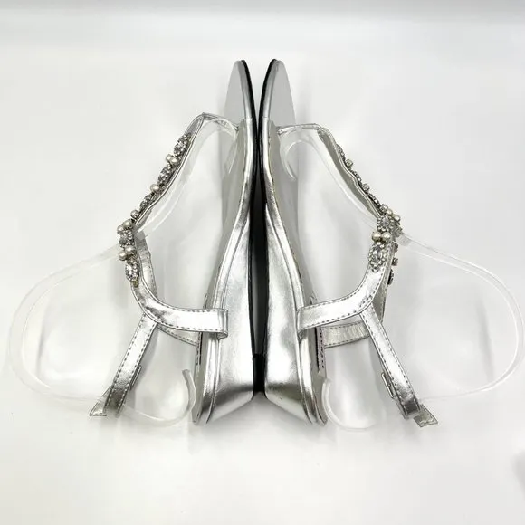 6.5W 6.5 WIDE Dyeables Silver Jeweled T-Strap Low Wedge Dress Sandals Shoes