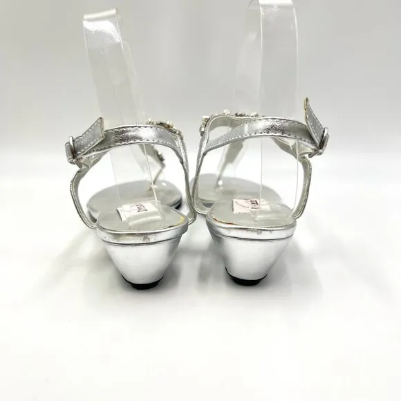 6.5W 6.5 WIDE Dyeables Silver Jeweled T-Strap Low Wedge Dress Sandals Shoes