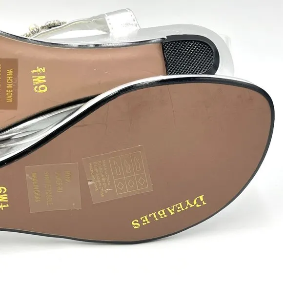 6.5W 6.5 WIDE Dyeables Silver Jeweled T-Strap Low Wedge Dress Sandals Shoes