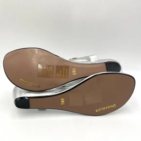6.5W 6.5 WIDE Dyeables Silver Jeweled T-Strap Low Wedge Dress Sandals Shoes
